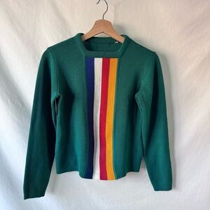 Retro Colorblock Stripe Sweater Green Knit Pullover Small